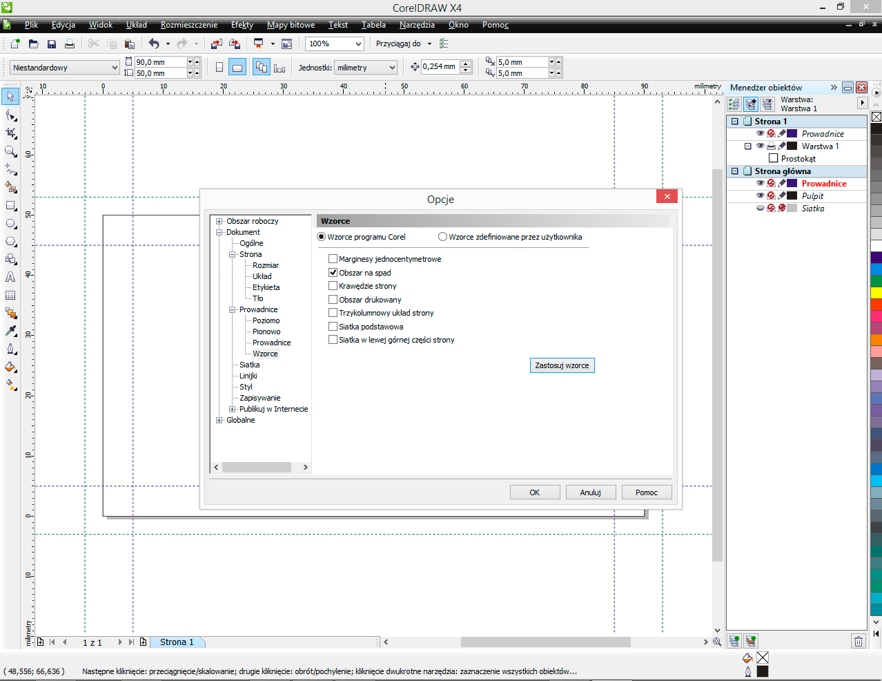 ustawienie spadu dokumentu coreldraw
